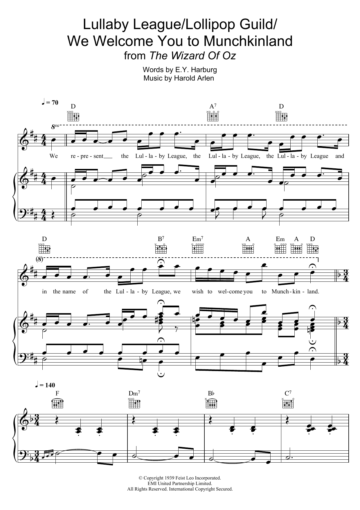 Harold Arlen Lullaby League/Lollipop Guild/We Welcome You To Munchkinland (from 'The Wizard Of Oz') sheet music notes and chords. Download Printable PDF.