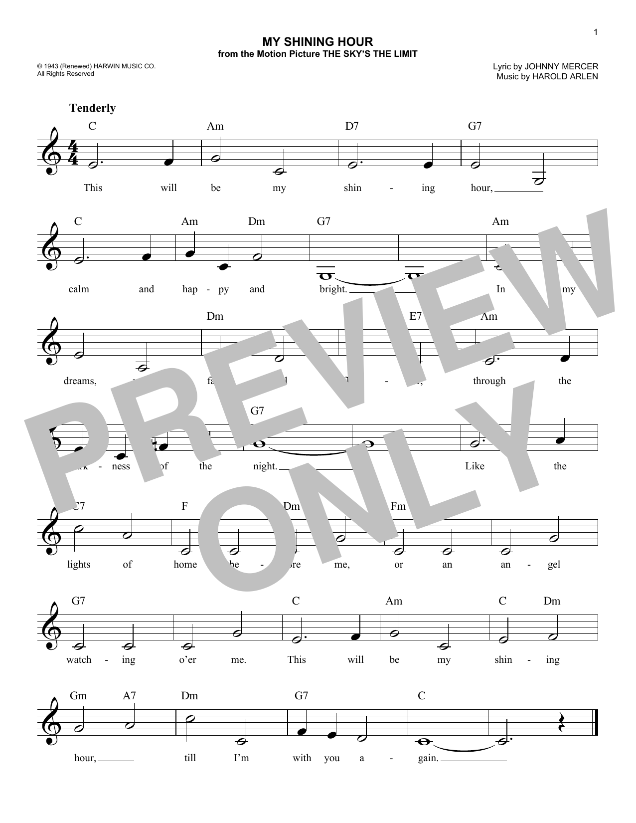 Harold Arlen My Shining Hour sheet music notes and chords. Download Printable PDF.