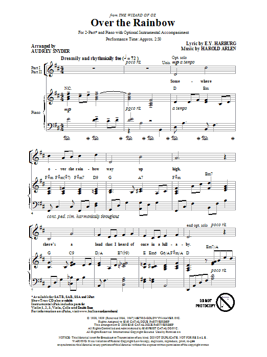 Harold Arlen Over The Rainbow (arr. Audrey Snyder) sheet music notes and chords. Download Printable PDF.