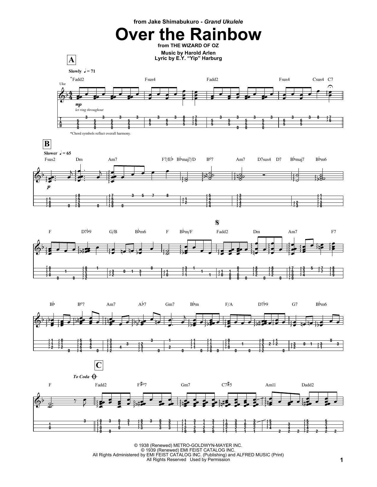 Harold Arlen Over The Rainbow (arr. Jake Shimabukuro) sheet music notes and chords. Download Printable PDF.