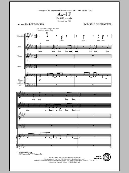 Deke Sharon Axel F sheet music notes and chords arranged for SATB Choir