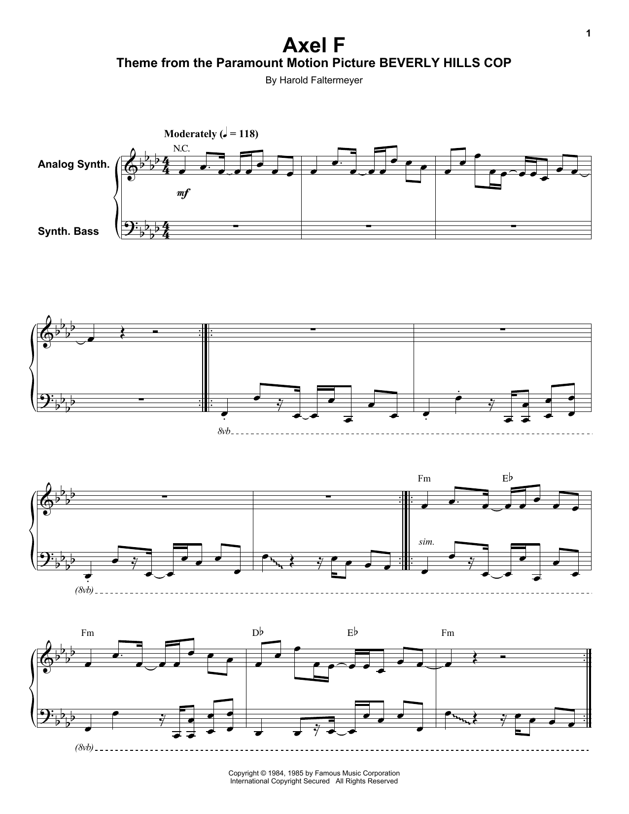 Harold Faltermeyer Axel F sheet music notes and chords. Download Printable PDF.