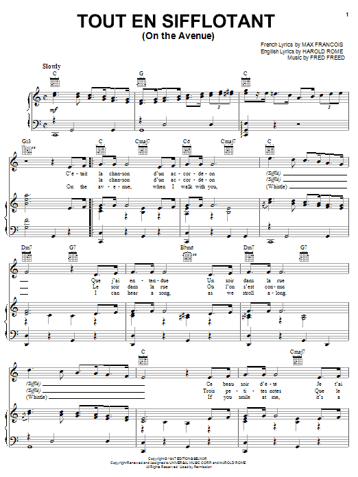 Learn to play Harold Rome Tout En Sifflotant (On The Avenue) sheet music for Piano, Vocal & Guitar Chords (Right-Hand Melody) in minutes. Price: 7.8900$ Harold Rome Tout En Sifflotant (On The Avenue) sheet music notes and chords arranged for Piano, Vocal & Guitar Chords (Right-Hand Melody)