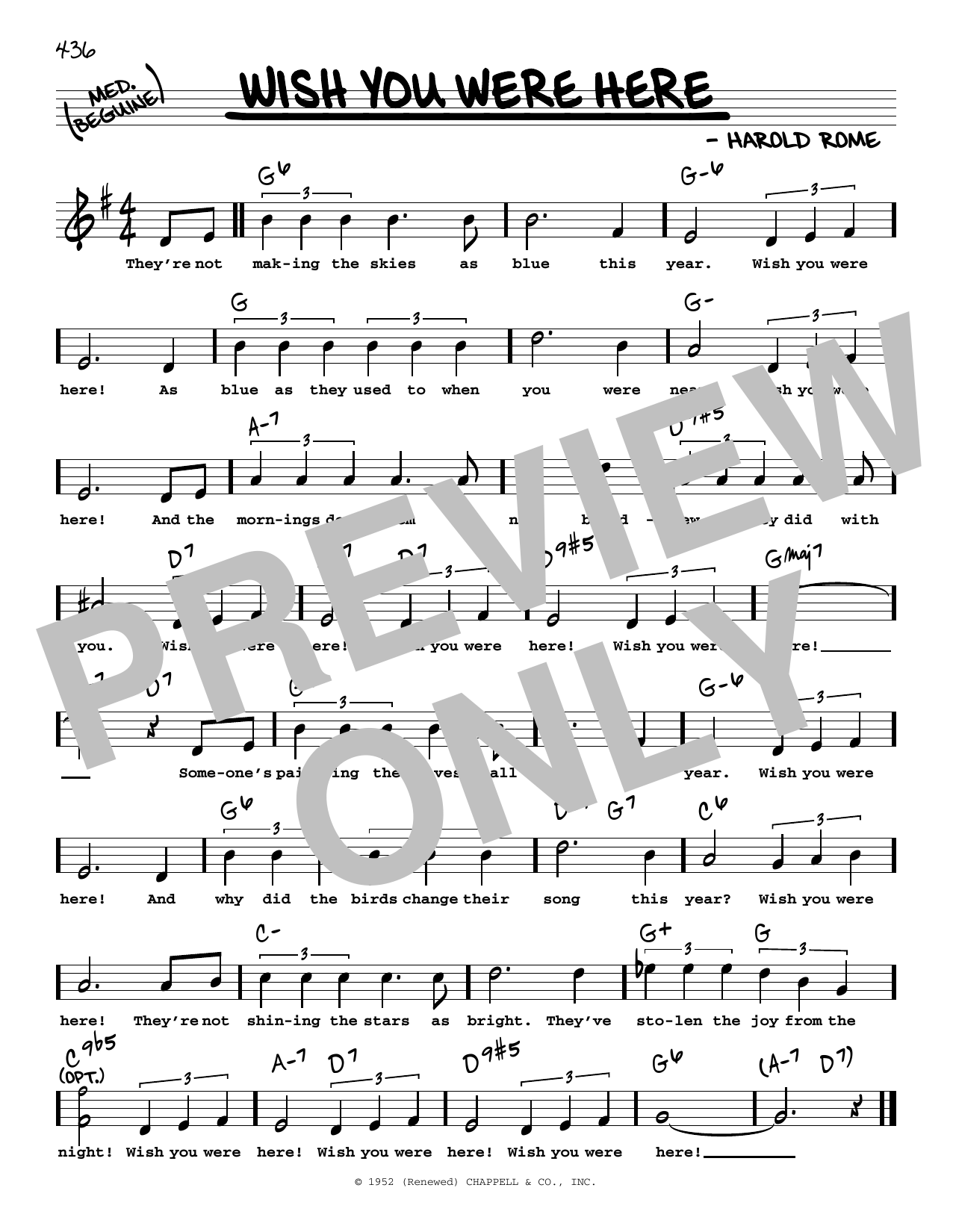 Learn to play Harold Rome Wish You Were Here (High Voice) sheet music for Real Book – Melody, Lyrics & Chords in minutes. Price: 5.9900$ Harold Rome Wish You Were Here (High Voice) sheet music notes and chords arranged for Real Book – Melody, Lyrics & Chords