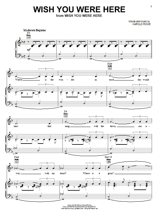 Learn to play Harold Rome Wish You Were Here sheet music for Piano, Vocal & Guitar Chords (Right-Hand Melody) in minutes. Price: 7.8900$ Harold Rome Wish You Were Here sheet music notes and chords arranged for Piano, Vocal & Guitar Chords (Right-Hand Melody)