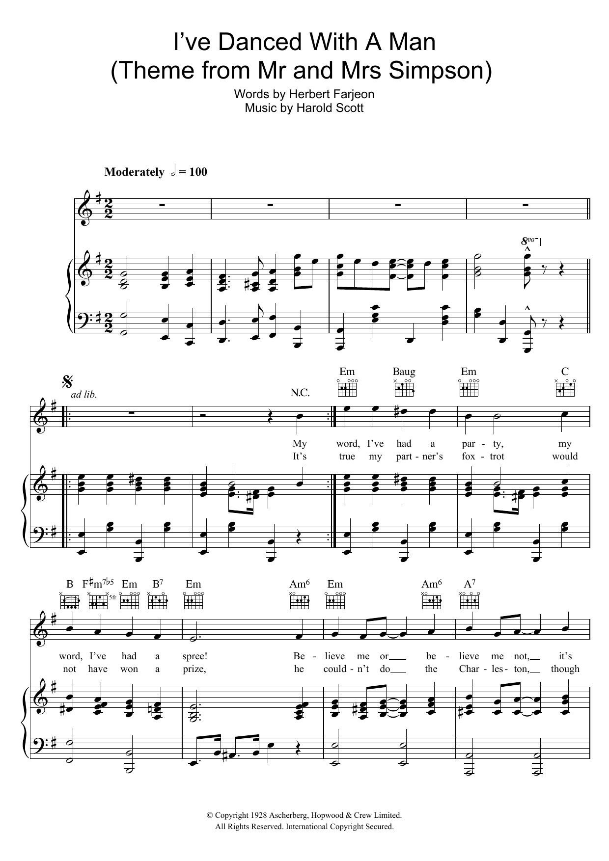 Learn to play Harold Scott I've Danced With A Man ('Edward And Mrs Simpson' Theme) sheet music for Piano, Vocal & Guitar Chords in minutes. Price: 7.8900$ Harold Scott I've Danced With A Man ('Edward And Mrs Simpson' Theme) sheet music notes and chords arranged for Piano, Vocal & Guitar Chords