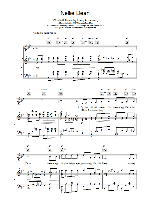 Harry Armstrong Nellie Dean sheet music notes and chords arranged for Piano, Vocal & Guitar Chords