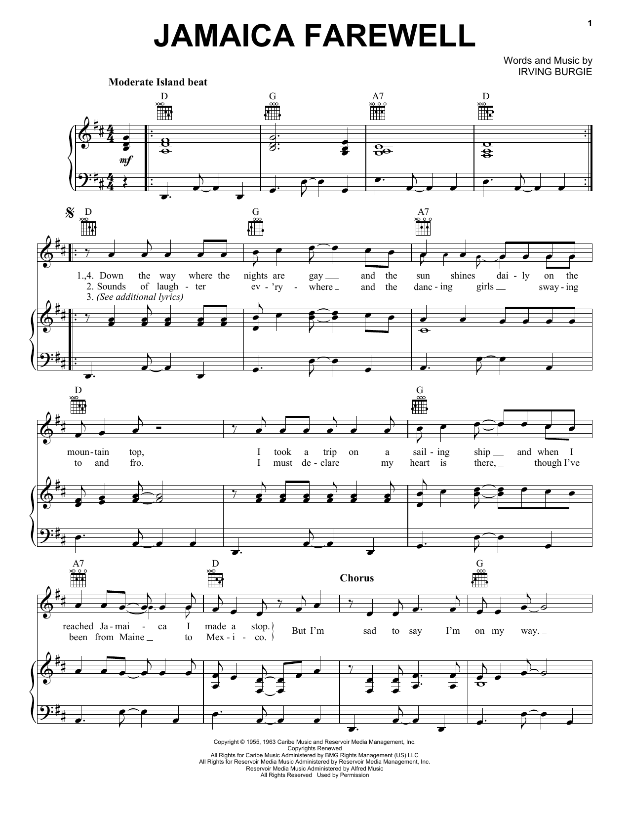 Harry Belafonte Jamaica Farewell sheet music notes and chords. Download Printable PDF.