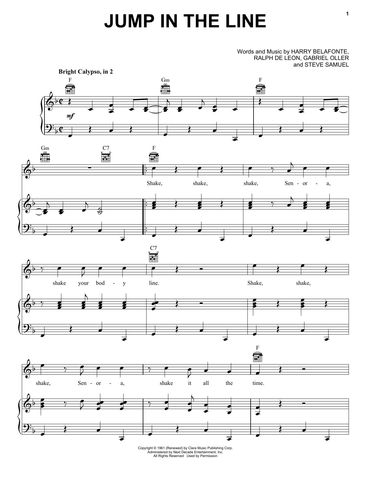 Learn to play Harry Belafonte Jump In The Line sheet music for Piano, Vocal & Guitar Chords (Right-Hand Melody) in minutes. Price: 7.8900$ Harry Belafonte Jump In The Line sheet music notes and chords arranged for Piano, Vocal & Guitar Chords (Right-Hand Melody)
