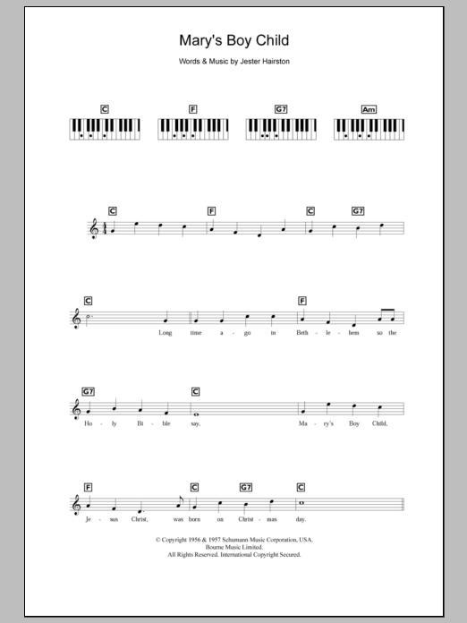 Harry Belafonte Mary's Boy Child sheet music notes and chords. Download Printable PDF.