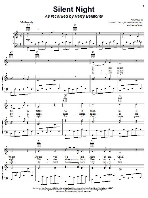 Learn to play Harry Belafonte Silent Night sheet music for Piano, Vocal & Guitar Chords (Right-Hand Melody) in minutes. Price: 7.8900$ Harry Belafonte Silent Night sheet music notes and chords arranged for Piano, Vocal & Guitar Chords (Right-Hand Melody)