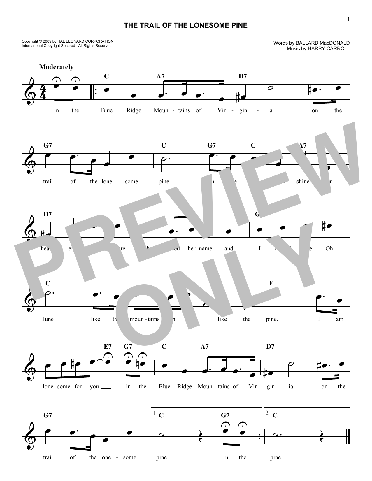 Harry Carroll The Trail Of The Lonesome Pine sheet music notes and chords. Download Printable PDF.