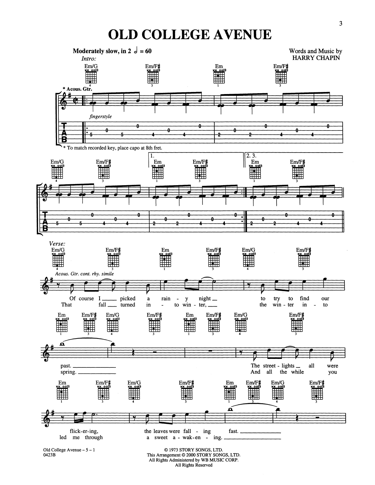 Harry Chapin Old College Avenue sheet music notes and chords arranged for Guitar Tab