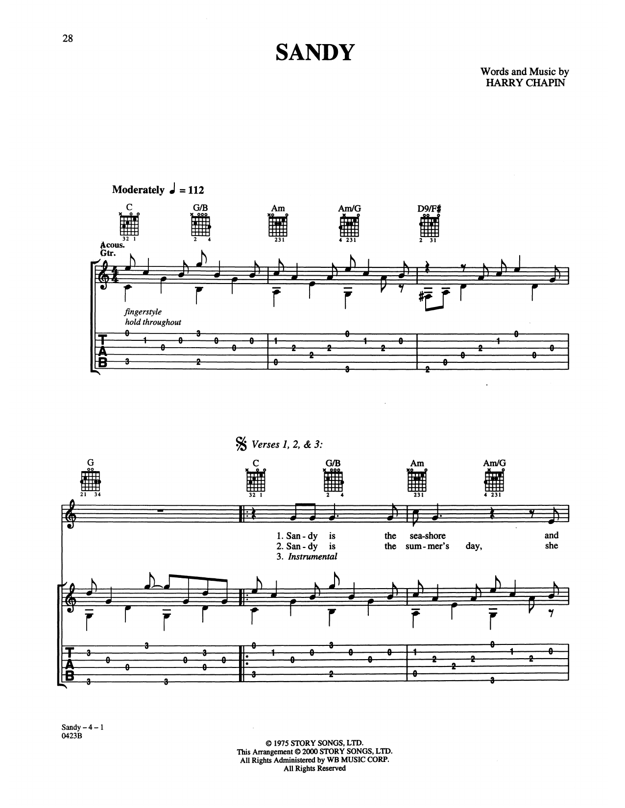 Learn to play Harry Chapin Sandy sheet music for Guitar Tab in minutes. Price: 7.8900$ Harry Chapin Sandy sheet music notes and chords arranged for Guitar Tab