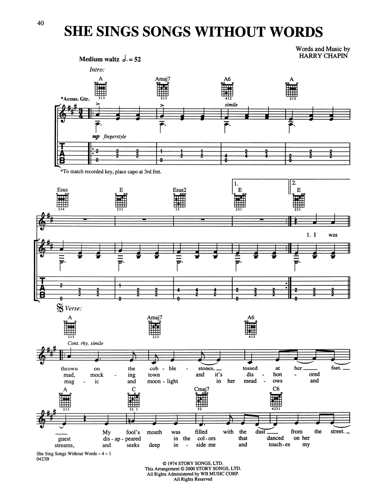 Learn to play Harry Chapin She Sings Songs Without Words sheet music for Guitar Tab in minutes. Price: 7.8900$ Harry Chapin She Sings Songs Without Words sheet music notes and chords arranged for Guitar Tab