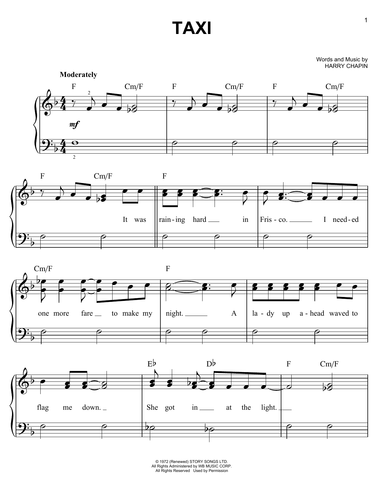 Harry Chapin Taxi sheet music notes and chords arranged for Easy Piano