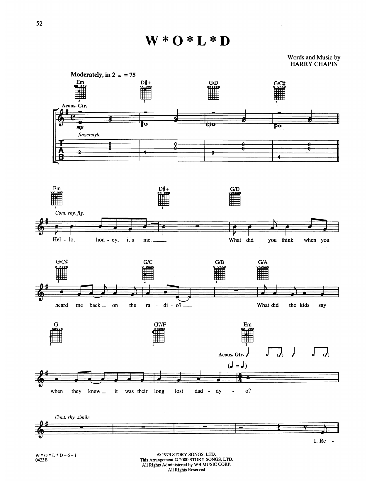 Learn to play Harry Chapin W*o*l*d sheet music for Guitar Tab in minutes. Price: 7.8900$ Harry Chapin W*o*l*d sheet music notes and chords arranged for Guitar Tab