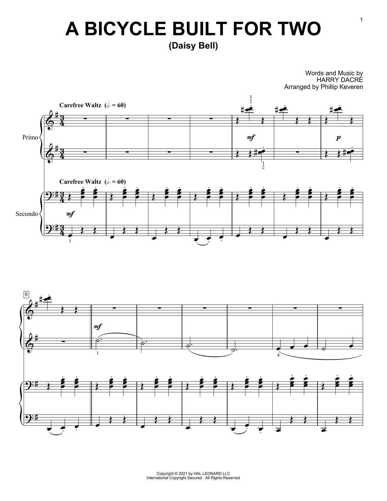 Harry Dacre A Bicycle Built For Two (Daisy Bell) (arr. Phillip Keveren) sheet music notes and chords. Download Printable PDF.