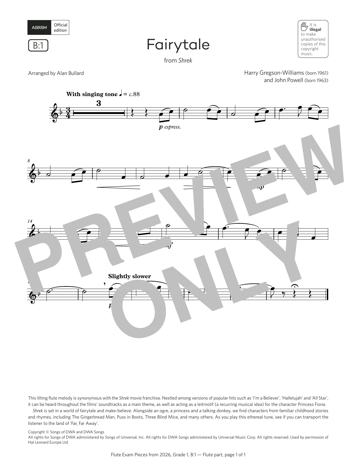 Learn to play Harry Gregson-Williams Fairytale (Grade 1, list B1, from the ABRSM Flute Syllabus from 2026) sheet music for Flute Solo in minutes. Price: 3.9900$ Harry Gregson-Williams Fairytale (Grade 1, list B1, from the ABRSM Flute Syllabus from 2026) sheet music notes and chords arranged for Flute Solo