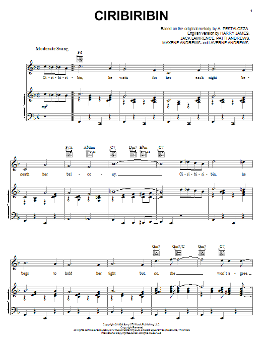 Harry James Ciribiribin sheet music notes and chords arranged for Piano, Vocal & Guitar Chords (Right-Hand Melody)