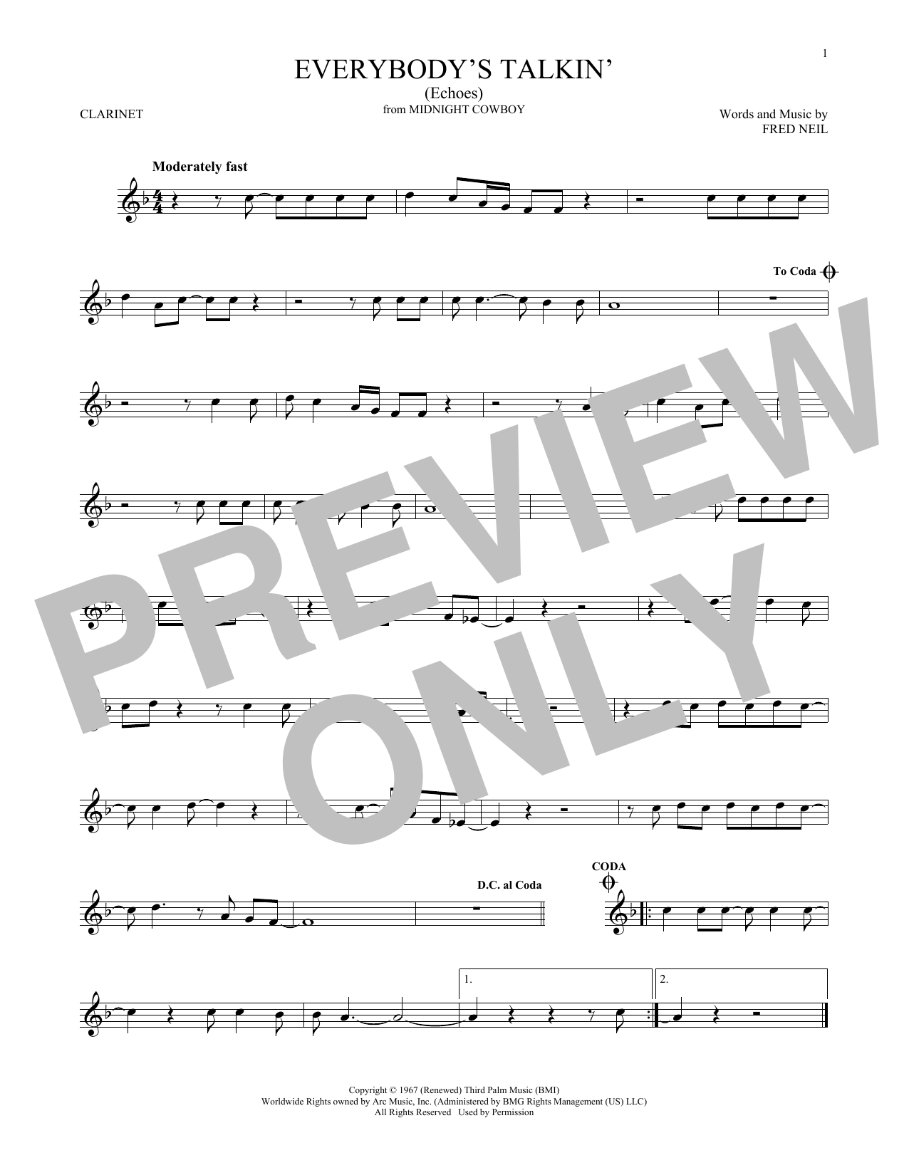 Harry Nilsson Everybody's Talkin' (Echoes) sheet music notes and chords arranged for Alto Sax Solo