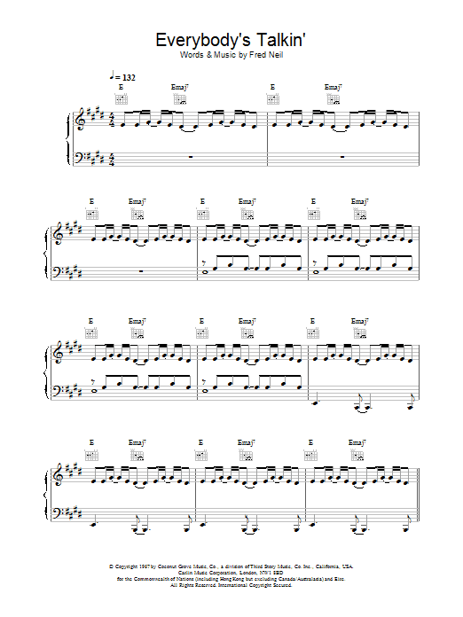 Nilsson Everybody's Talkin sheet music notes and chords. Download Printable PDF.