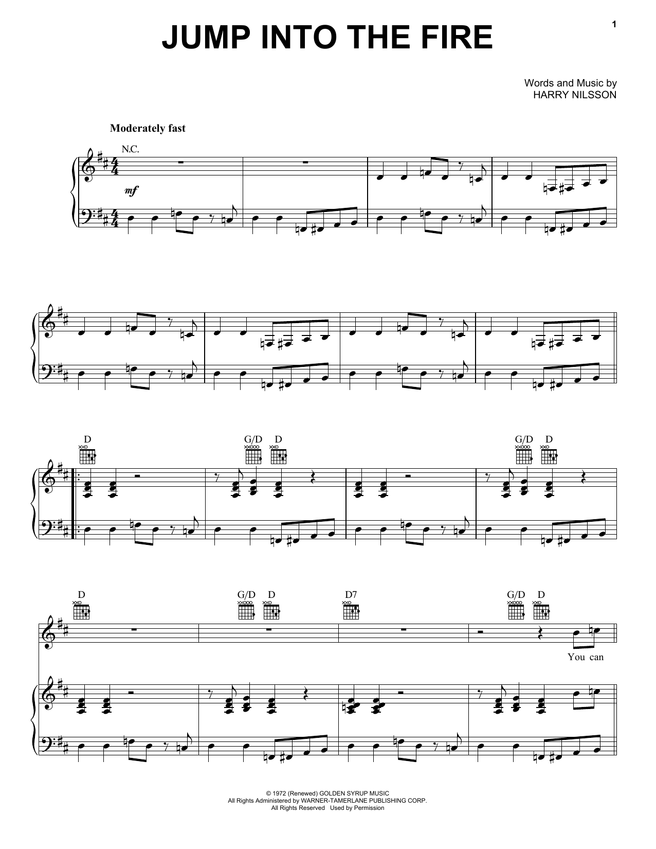 Harry Nilsson Jump Into The Fire sheet music notes and chords. Download Printable PDF.