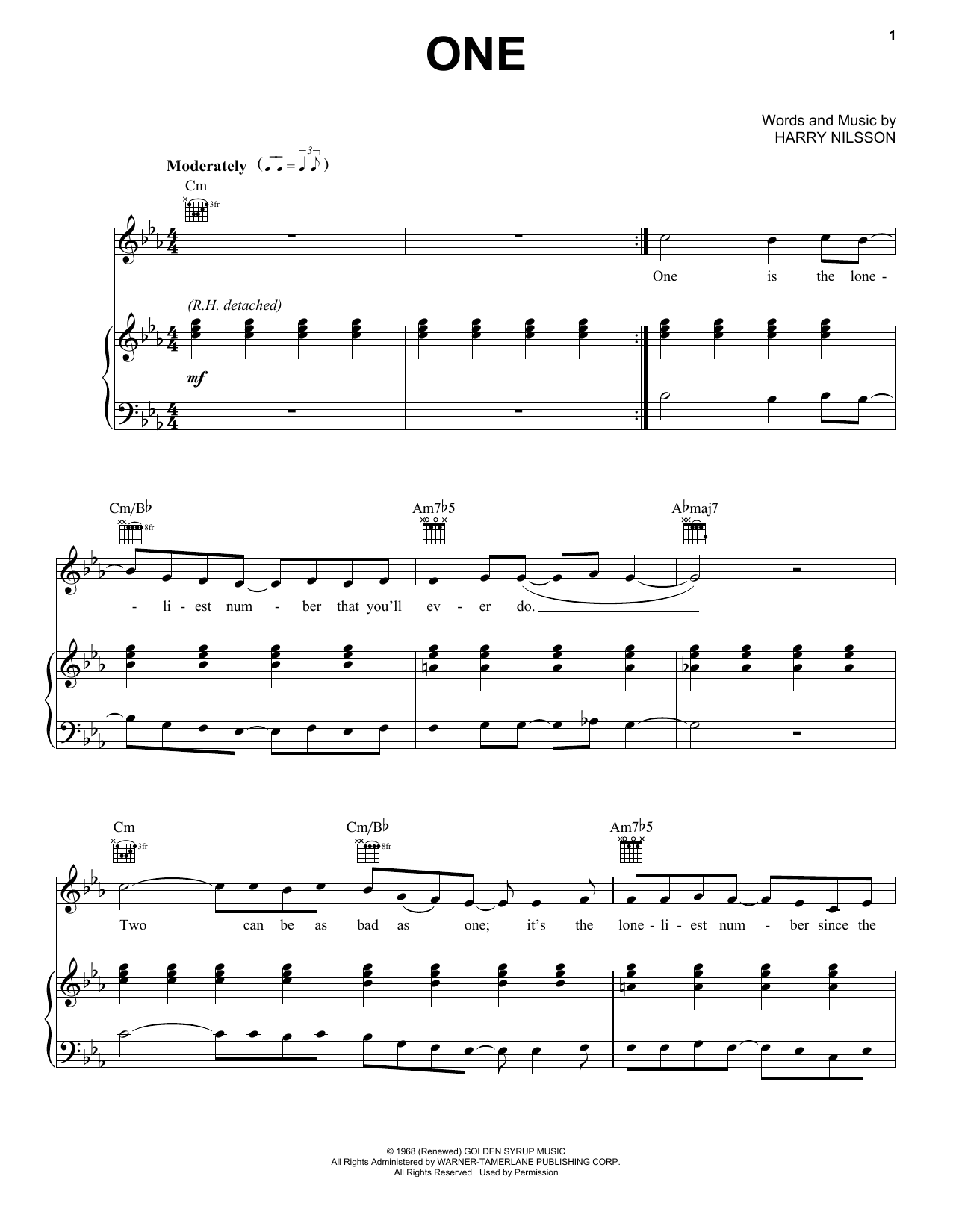 Harry Nilsson One sheet music notes and chords. Download Printable PDF.