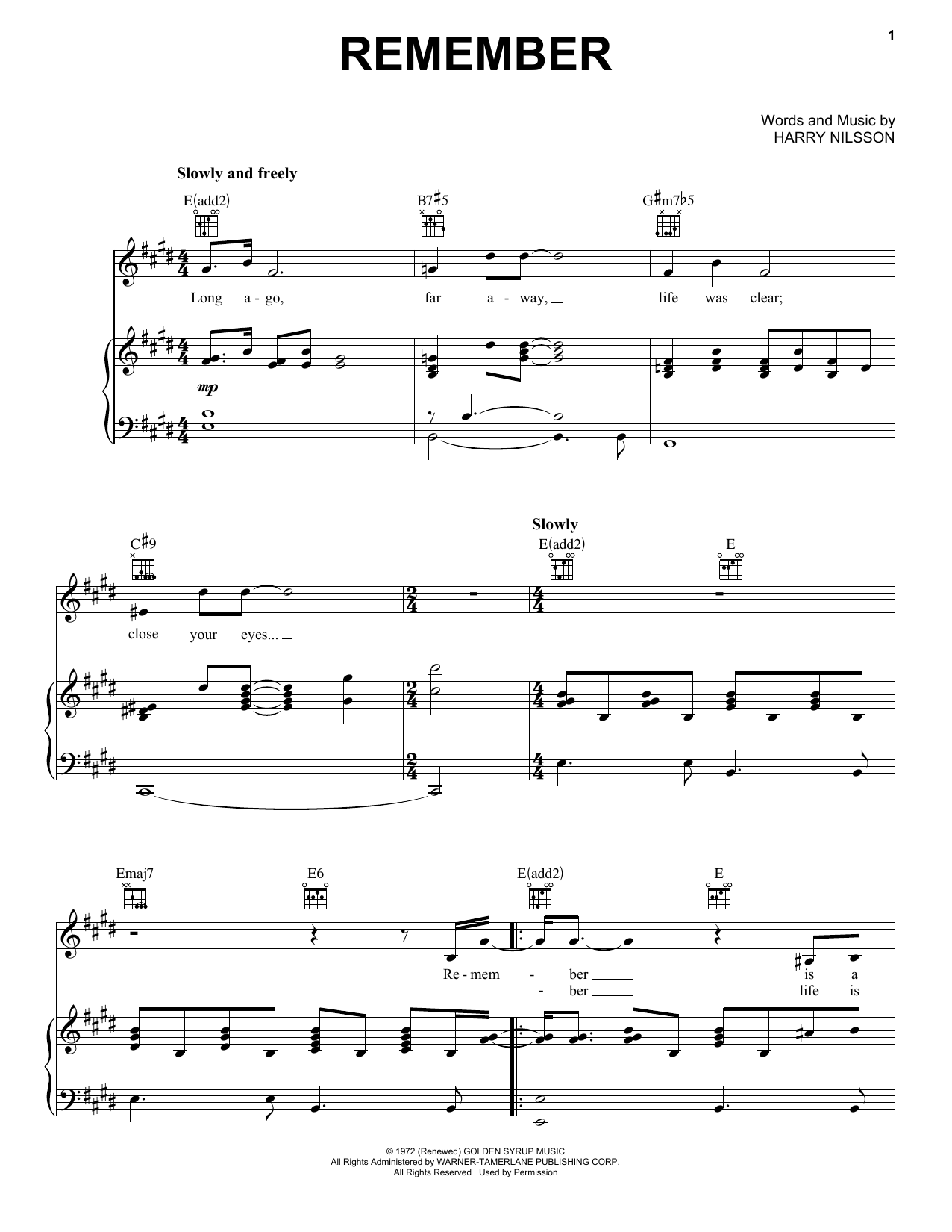 Harry Nilsson Remember sheet music notes and chords. Download Printable PDF.