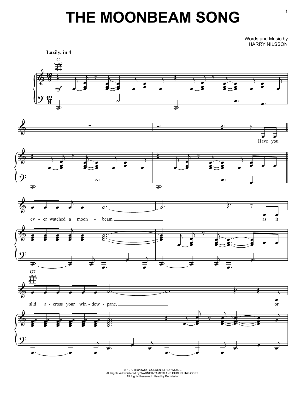 Learn to play Harry Nilsson The Moonbeam Song sheet music for Piano, Vocal & Guitar Chords (Right-Hand Melody) in minutes. Price: 7.8900$ Harry Nilsson The Moonbeam Song sheet music notes and chords arranged for Piano, Vocal & Guitar Chords (Right-Hand Melody)