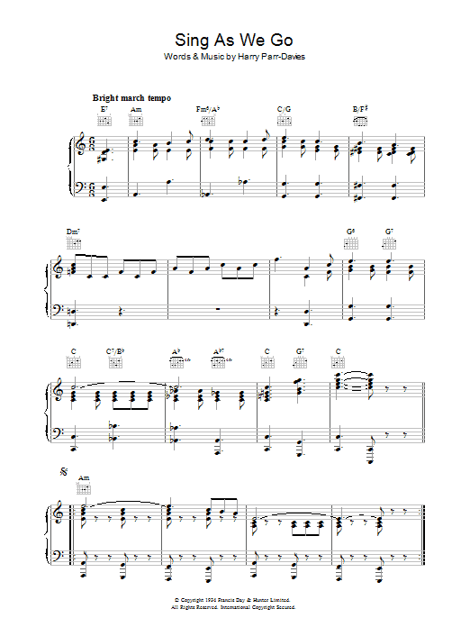 Learn to play Harry Parr-Davies Sing As We Go sheet music for Piano, Vocal & Guitar Chords in minutes. Price: 7.8900$ Harry Parr-Davies Sing As We Go sheet music notes and chords arranged for Piano, Vocal & Guitar Chords
