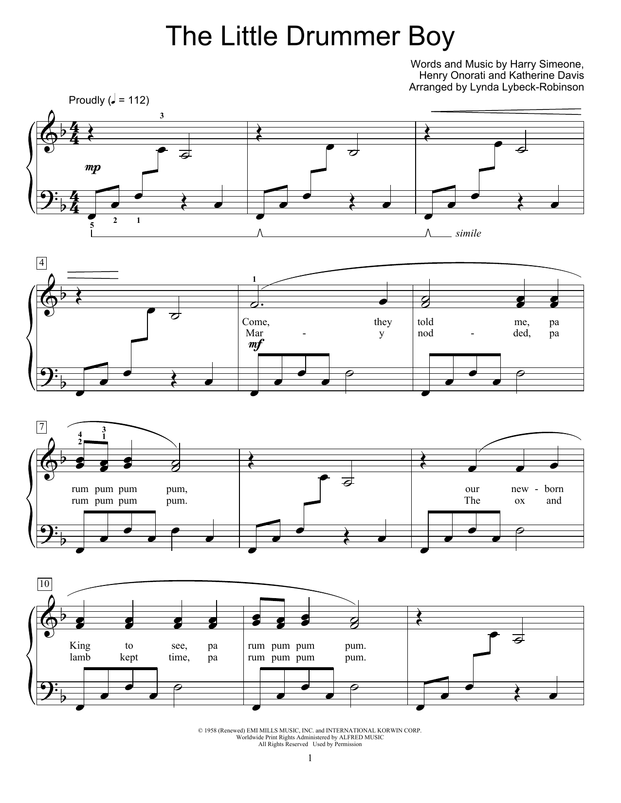 Harry Simeone The Little Drummer Boy (arr. Lynda Lybeck-Robinson) sheet music notes and chords. Download Printable PDF.