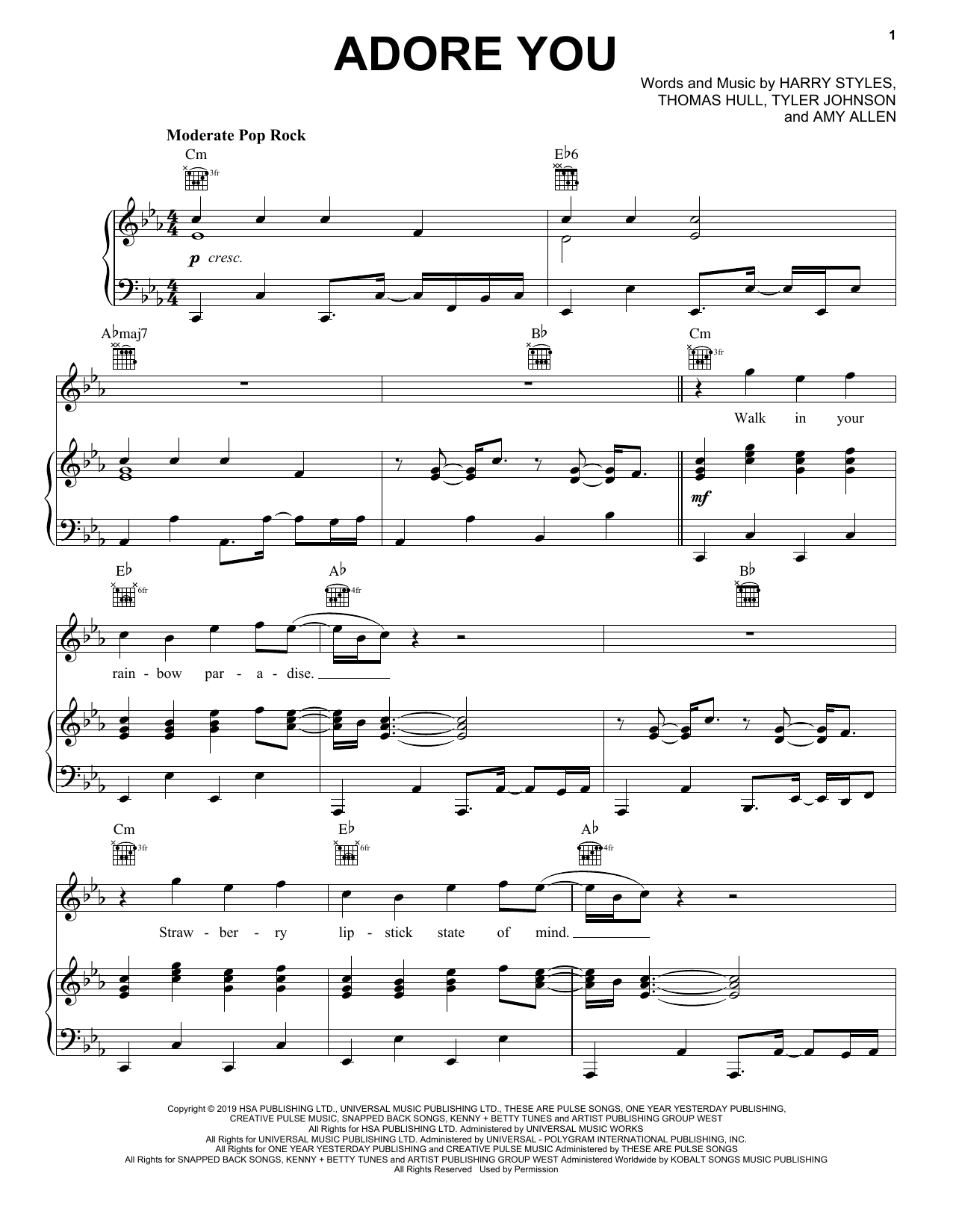 Harry Styles Adore You sheet music notes and chords. Download Printable PDF.