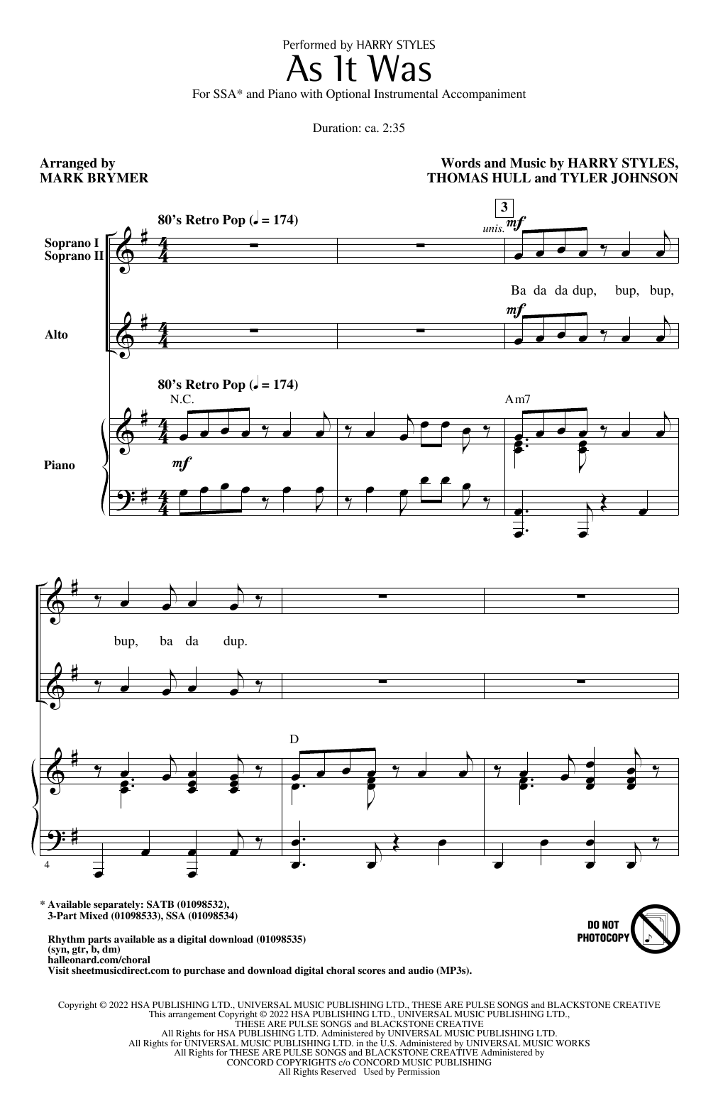 Harry Styles As It Was (arr. Mark Brymer) sheet music notes and chords. Download Printable PDF.