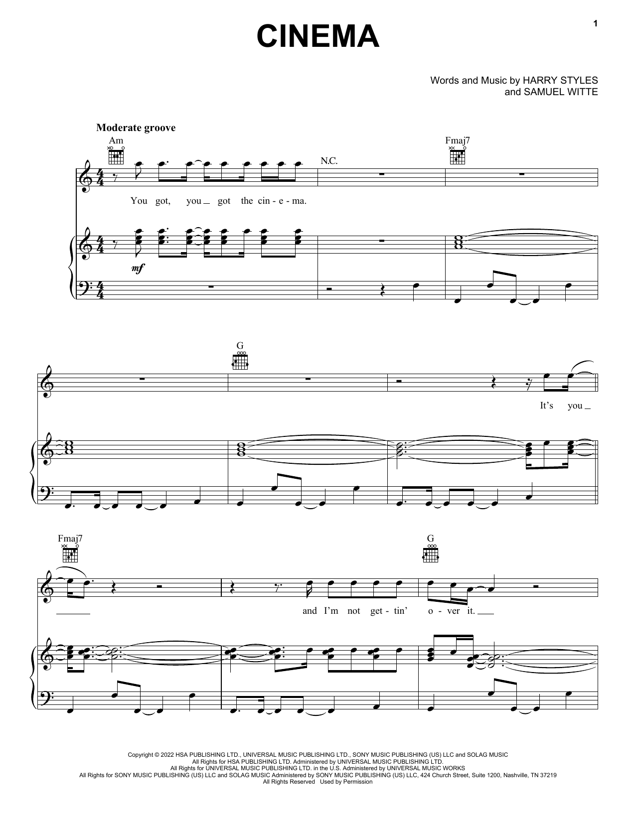 Harry Styles Cinema sheet music notes and chords. Download Printable PDF.