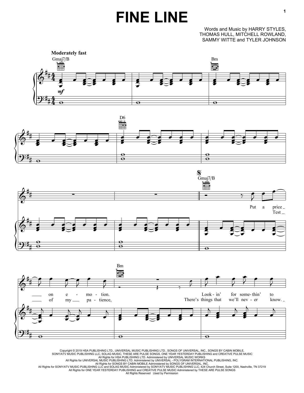 Harry Styles Fine Line sheet music notes and chords. Download Printable PDF.