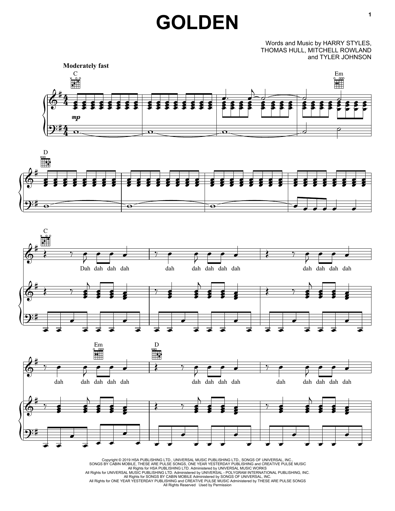 Harry Styles Golden sheet music notes and chords. Download Printable PDF.