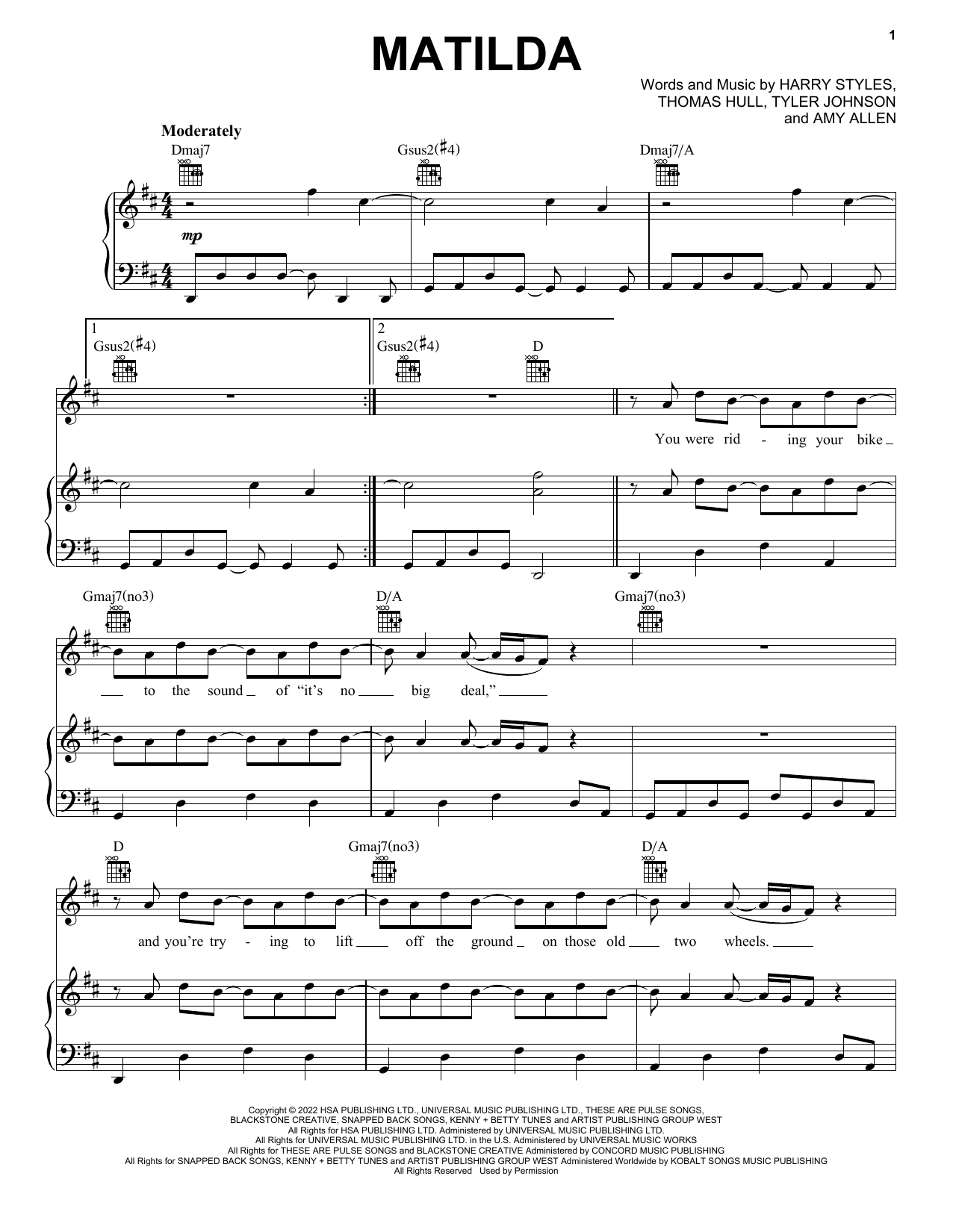 Harry Styles Matilda sheet music notes and chords. Download Printable PDF.