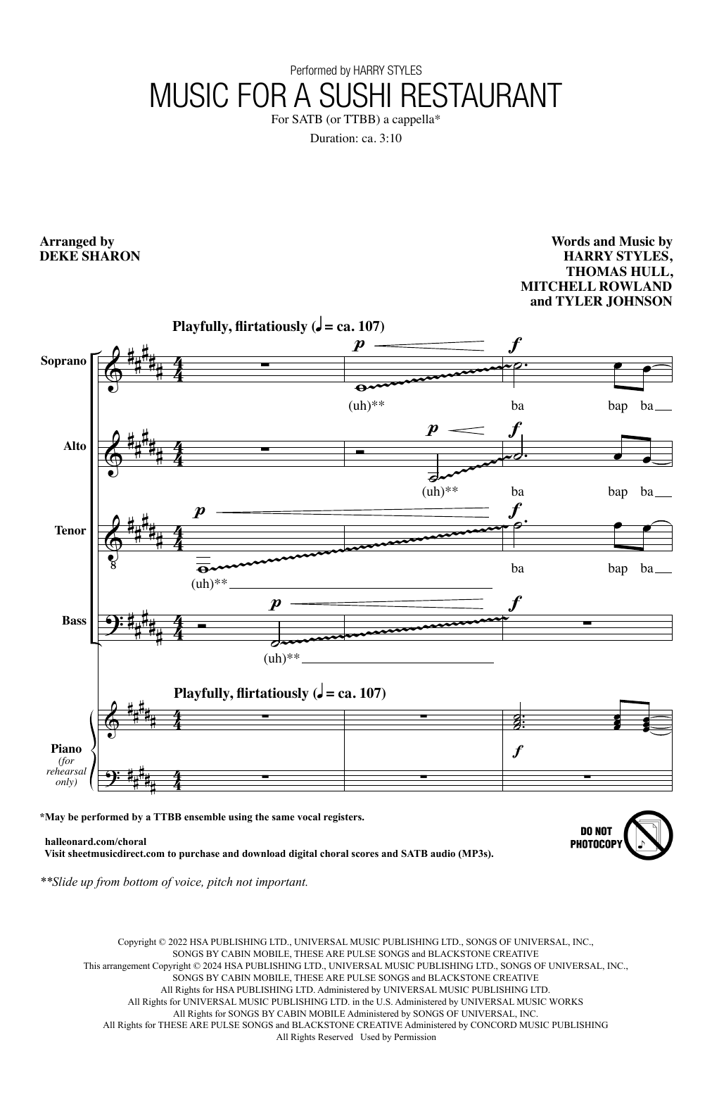 Harry Styles Music For A Sushi Restaurant (arr. Deke Sharon) sheet music notes and chords. Download Printable PDF.