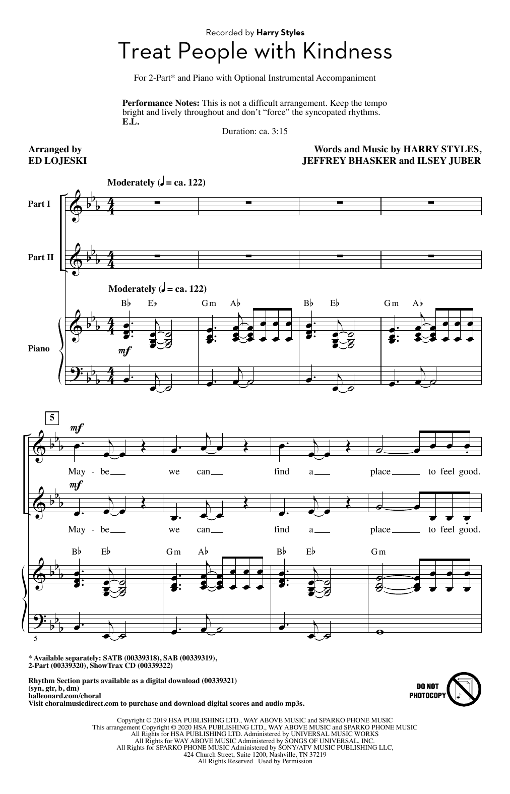 Harry Styles Treat People With Kindness (arr. Ed Lojeski) sheet music notes and chords. Download Printable PDF.