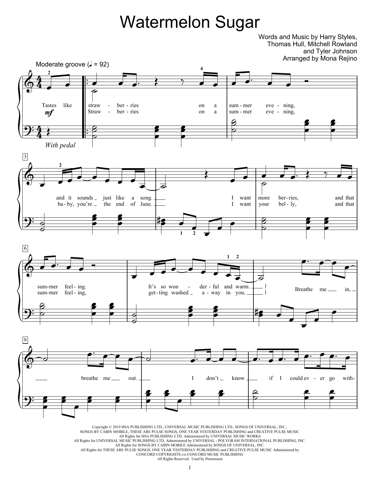 Harry Styles Watermelon Sugar (arr. Mona Rejino) sheet music notes and chords. Download Printable PDF.