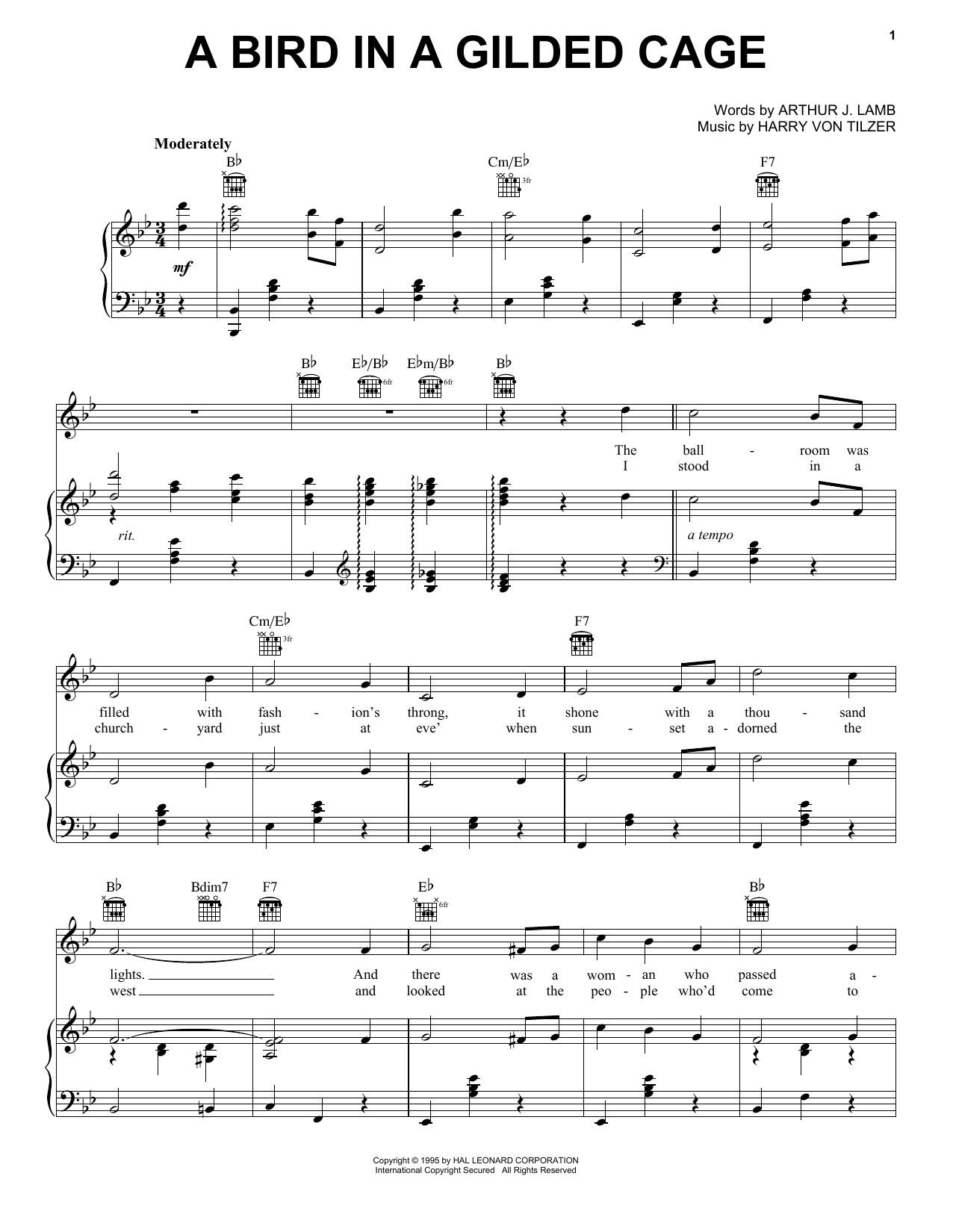 Harry Von Tilzer A Bird In A Gilded Cage sheet music notes and chords. Download Printable PDF.