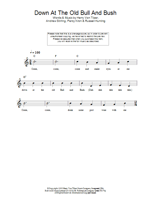 Learn to play Harry Von Tilzer Down At The Old Bull And Bush sheet music for Lead Sheet / Fake Book in minutes. Price: 5.9900$ Harry Von Tilzer Down At The Old Bull And Bush sheet music notes and chords arranged for Lead Sheet / Fake Book