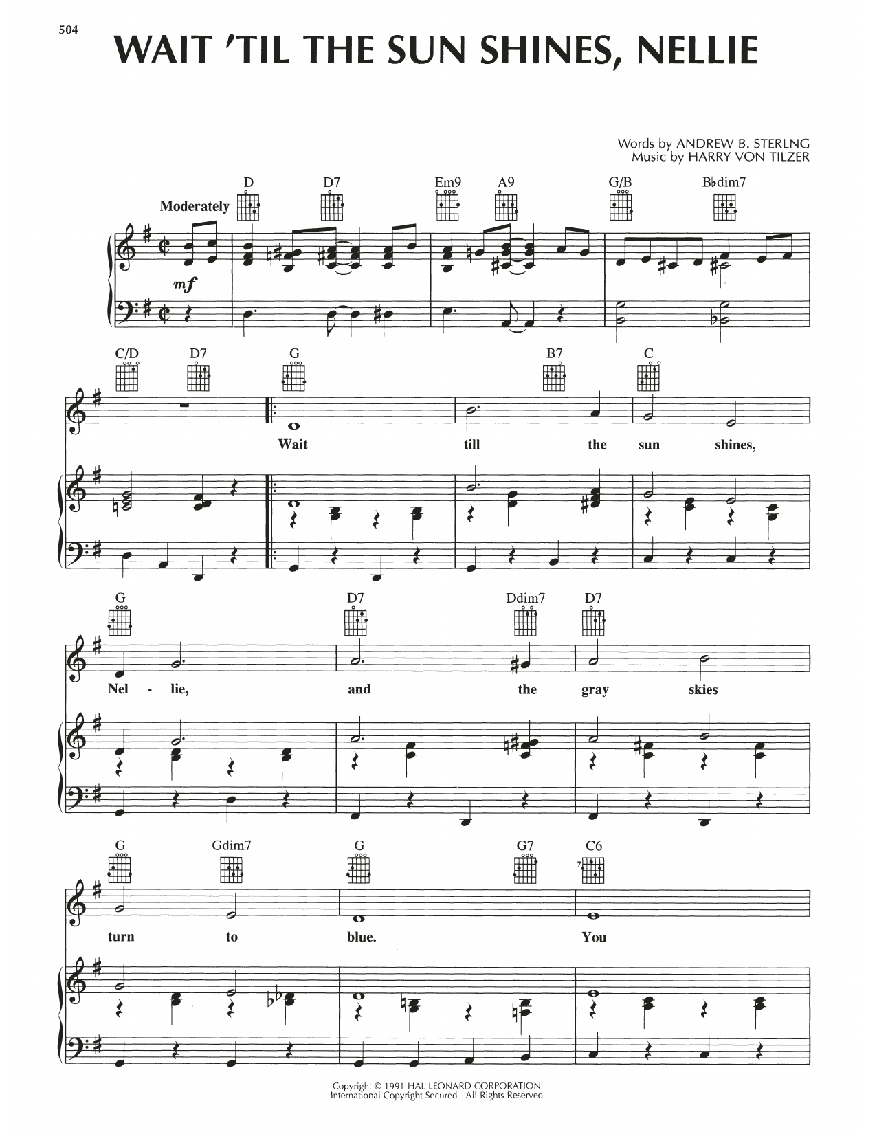 Harry von Tilzer Wait 'Til The Sun Shines, Nellie sheet music notes and chords arranged for Piano, Vocal & Guitar Chords (Right-Hand Melody)