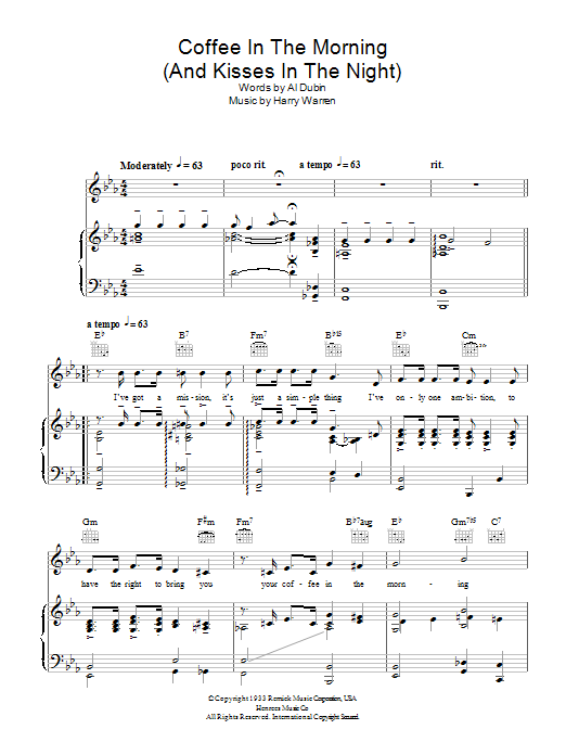 Learn to play Harry Warren Coffee In The Morning (And Kisses In The Night) sheet music for Lead Sheet / Fake Book in minutes. Price: 5.9900$ Harry Warren Coffee In The Morning (And Kisses In The Night) sheet music notes and chords arranged for Lead Sheet / Fake Book