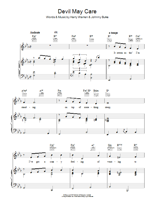 Learn to play Harry Warren Devil May Care sheet music for Piano, Vocal & Guitar Chords in minutes. Price: 7.8900$ Harry Warren Devil May Care sheet music notes and chords arranged for Piano, Vocal & Guitar Chords
