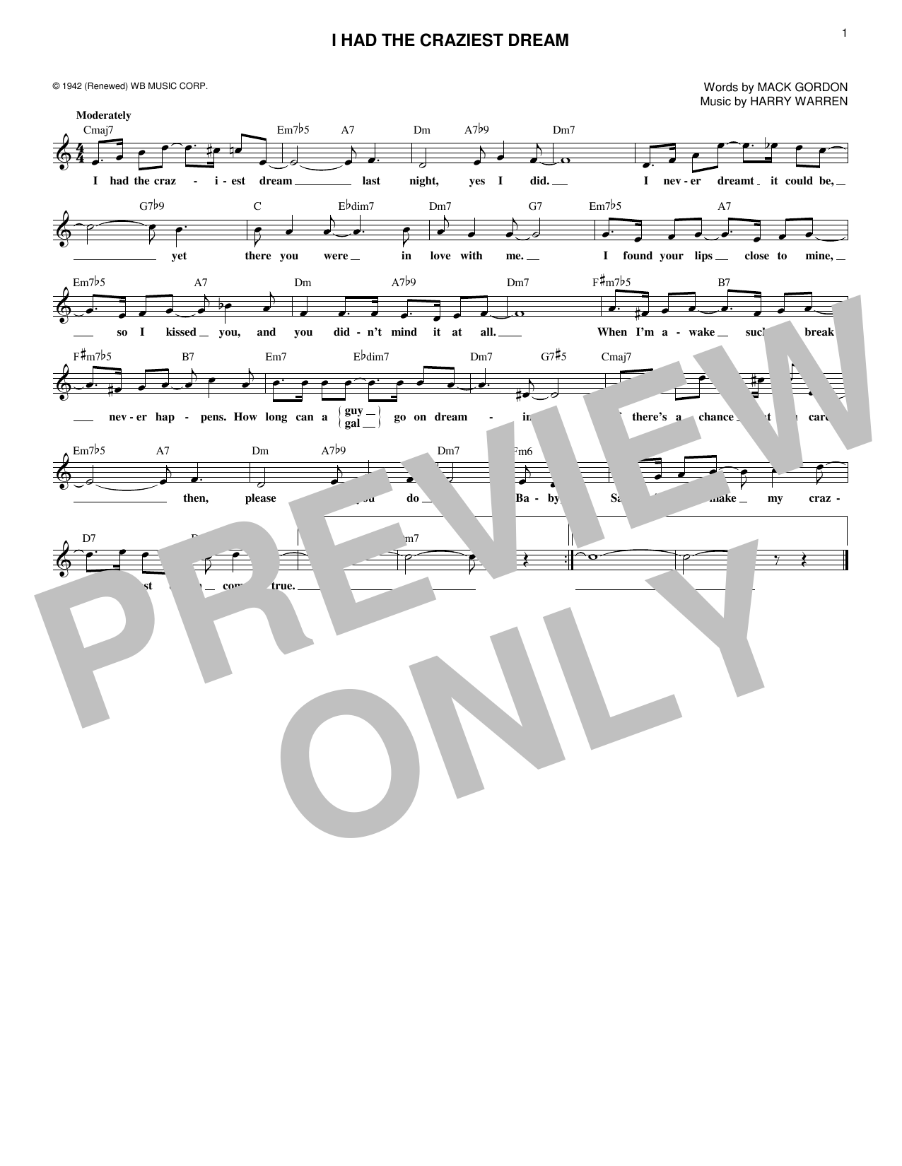 Harry Warren I Had The Craziest Dream sheet music notes and chords. Download Printable PDF.