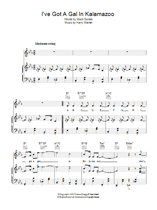 Learn to play Harry Warren I've Got A Gal In Kalamazoo sheet music for Piano, Vocal & Guitar Chords in minutes. Price: 7.8900$ Harry Warren I've Got A Gal In Kalamazoo sheet music notes and chords arranged for Piano, Vocal & Guitar Chords