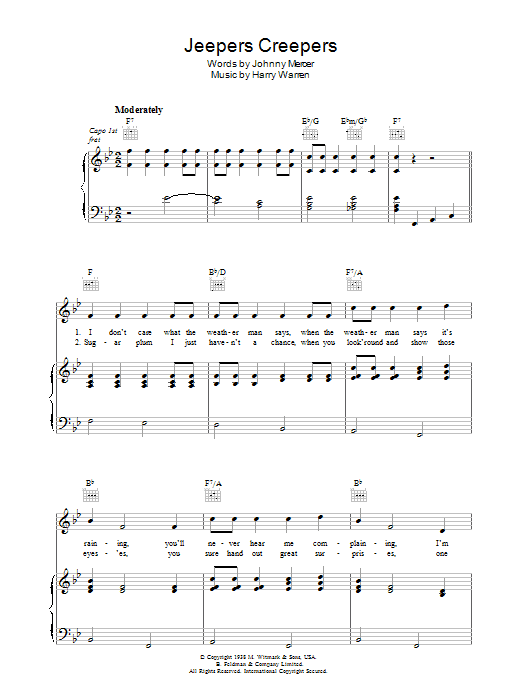 Learn to play Harry Warren Jeepers Creepers sheet music for Piano, Vocal & Guitar Chords in minutes. Price: 7.8900$ Harry Warren Jeepers Creepers sheet music notes and chords arranged for Piano, Vocal & Guitar Chords