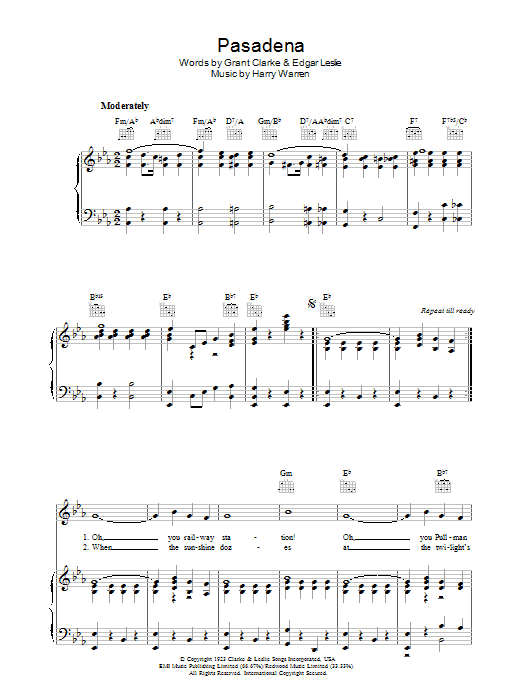 Learn to play Harry Warren Pasadena sheet music for Piano, Vocal & Guitar Chords in minutes. Price: 7.8900$ Harry Warren Pasadena sheet music notes and chords arranged for Piano, Vocal & Guitar Chords